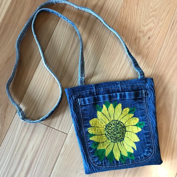 Denim Crossbody Bag: Sunflower Theme Handmade Jean Purse, Cell Phone Holder - Picture 3 of 11